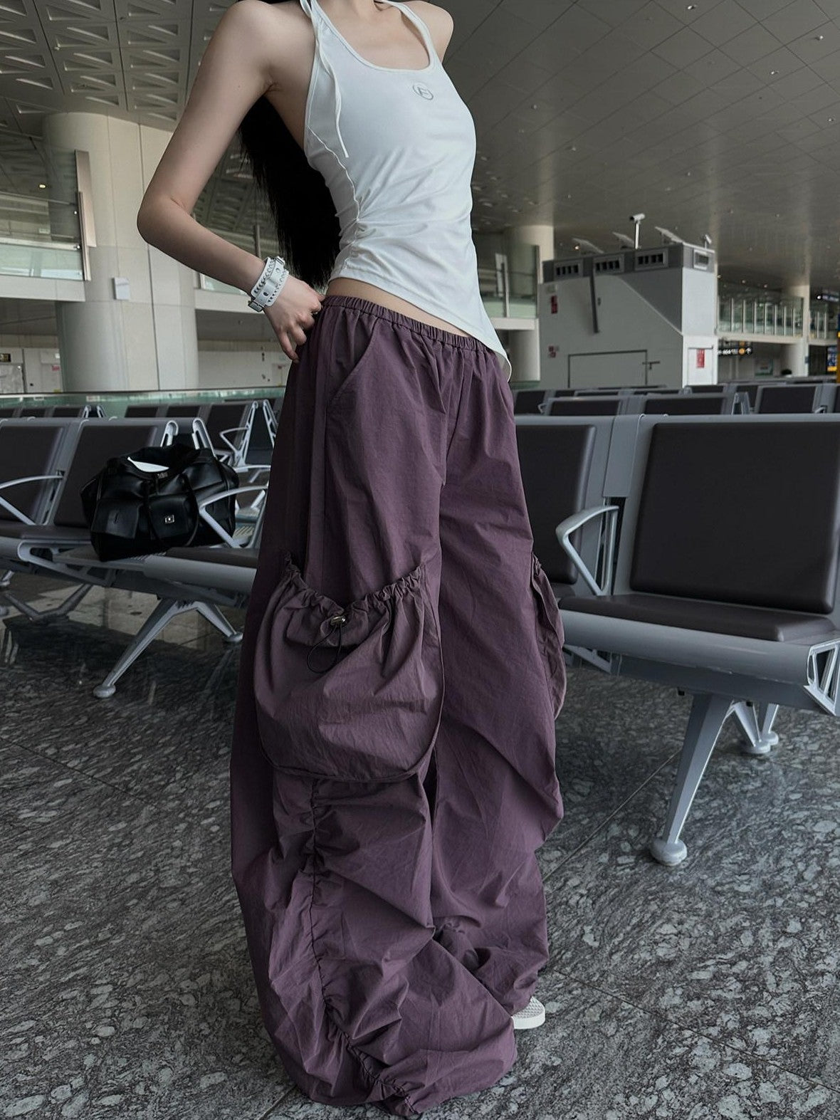 Fanptntox Purple Ruched Asymmetrical Cargo Low Waist Women's Other Wide-leg Pants