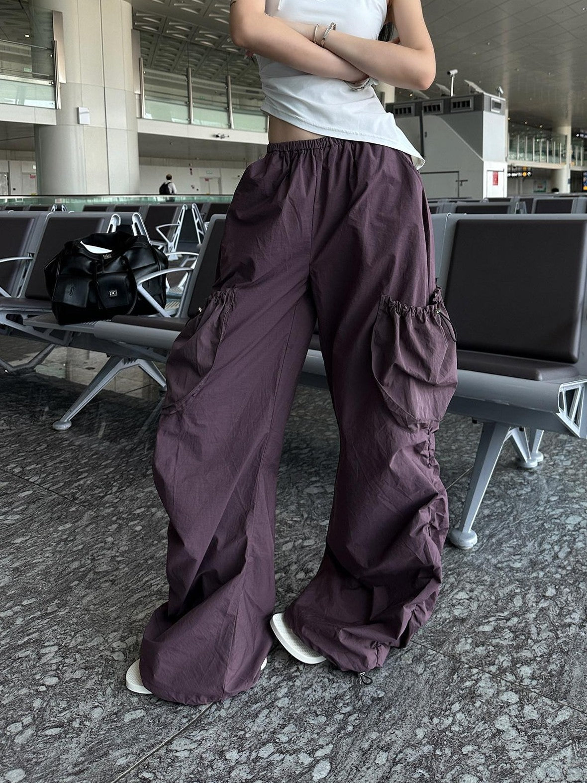 Fanptntox Purple Ruched Asymmetrical Cargo Low Waist Women's Other Wide-leg Pants