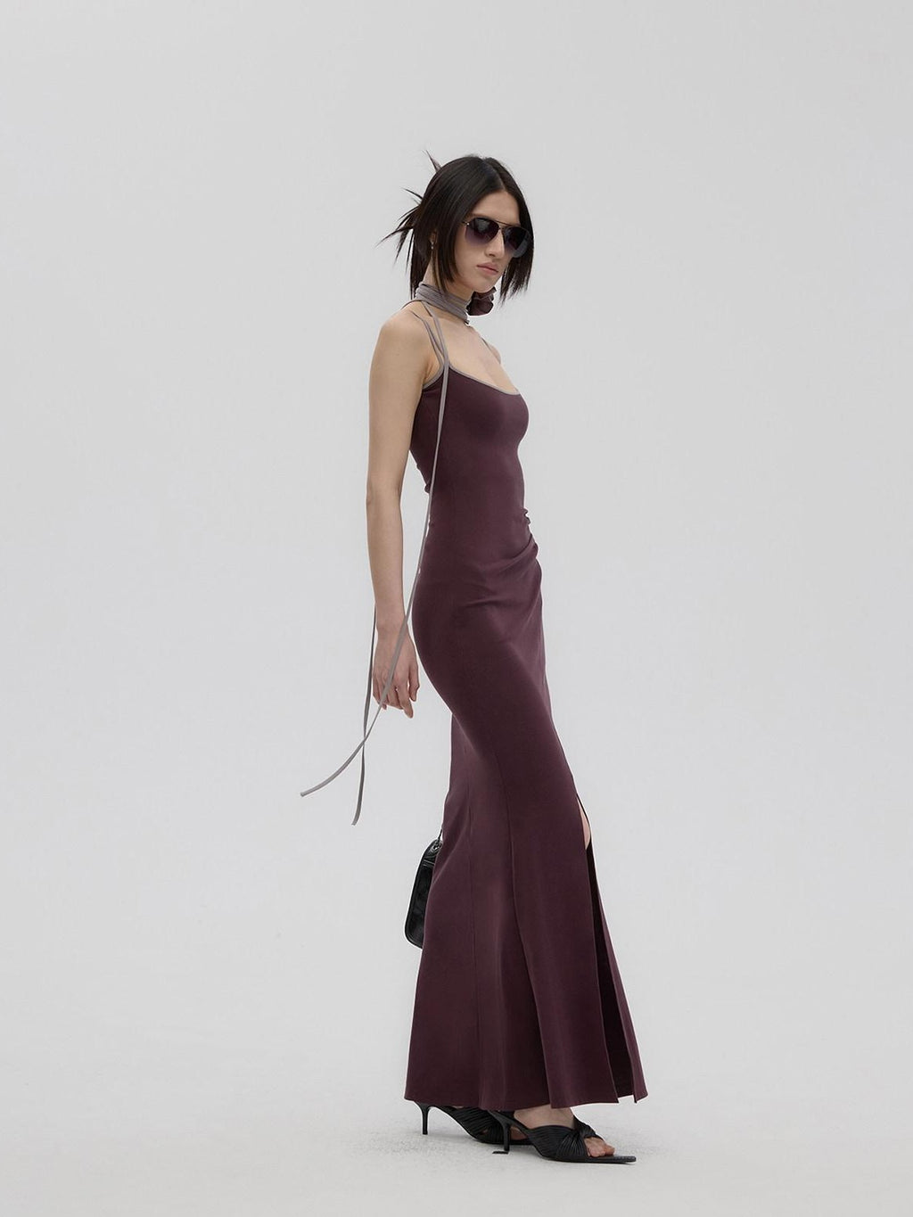 Fanptntox Purple Structured U Neck Fishtail Women's Cotton Bodycon Maxi Dresses