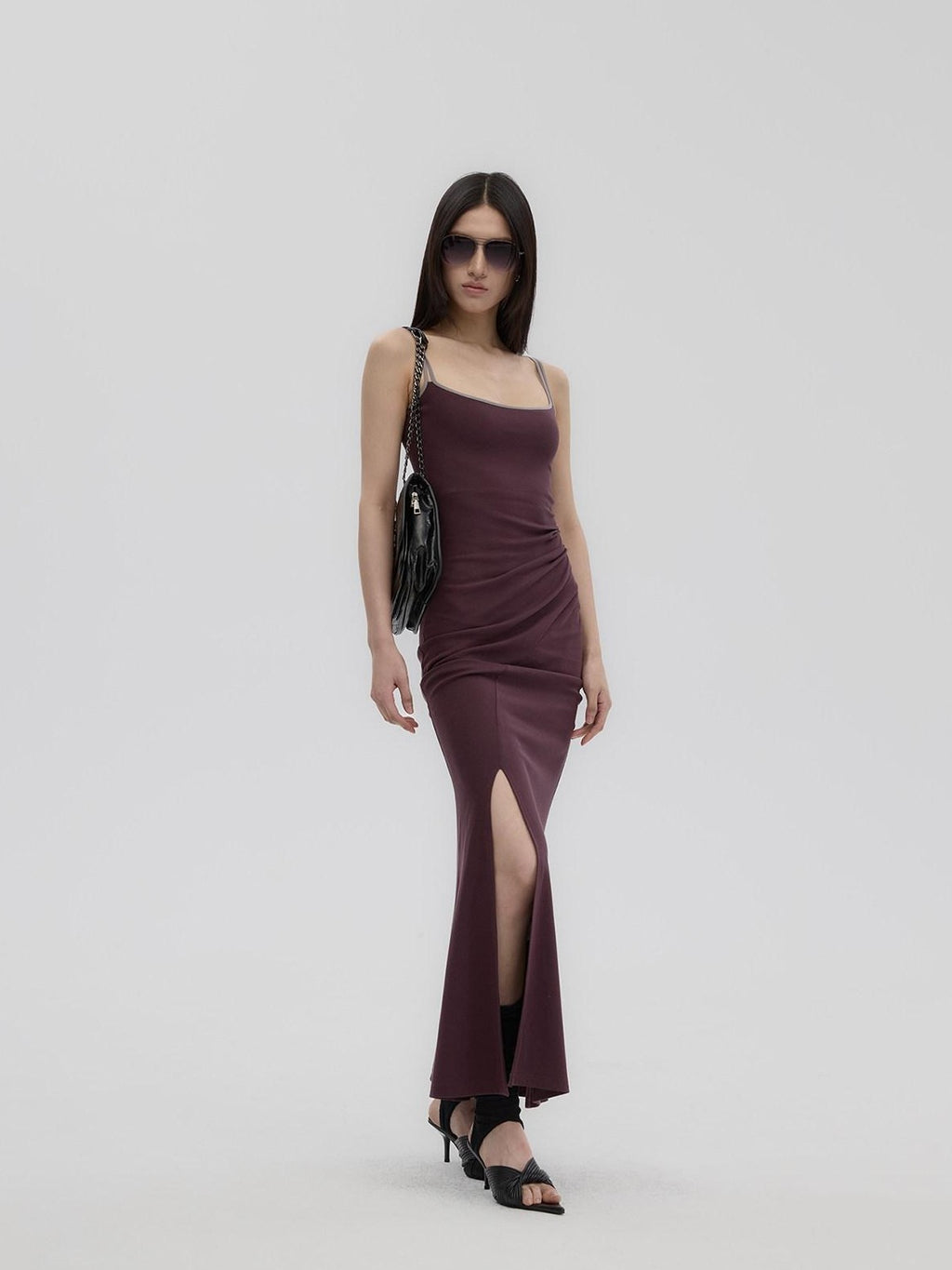 Fanptntox Purple Structured U Neck Fishtail Women's Cotton Bodycon Maxi Dresses