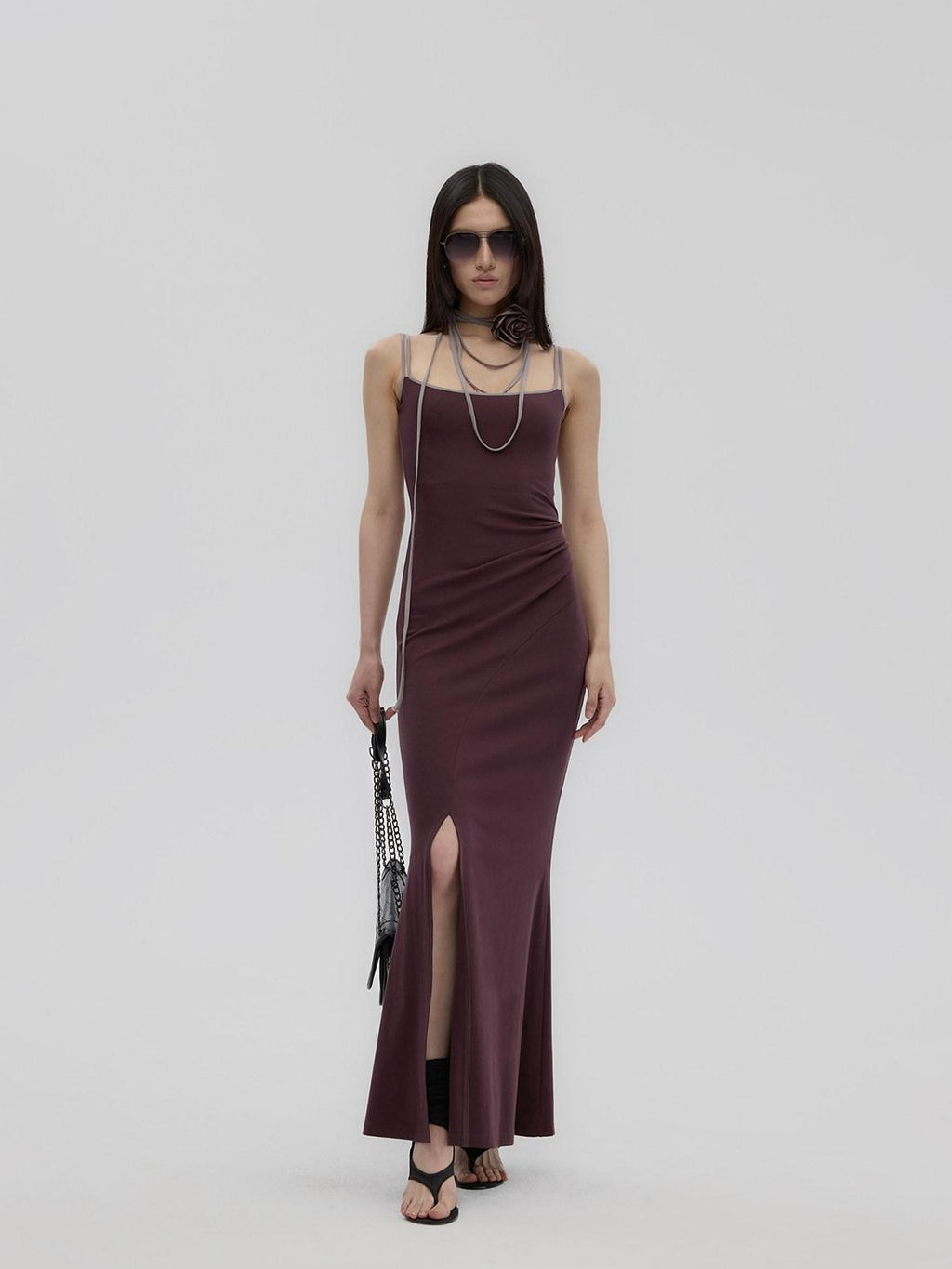 Fanptntox Purple Structured U Neck Fishtail Women's Cotton Bodycon Maxi Dresses