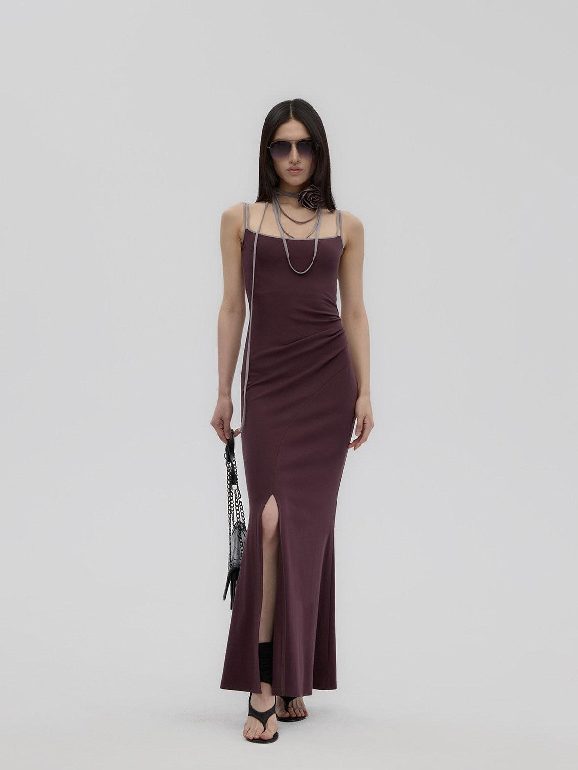 Fanptntox Purple Structured U Neck Fishtail Women's Cotton Bodycon Maxi Dresses