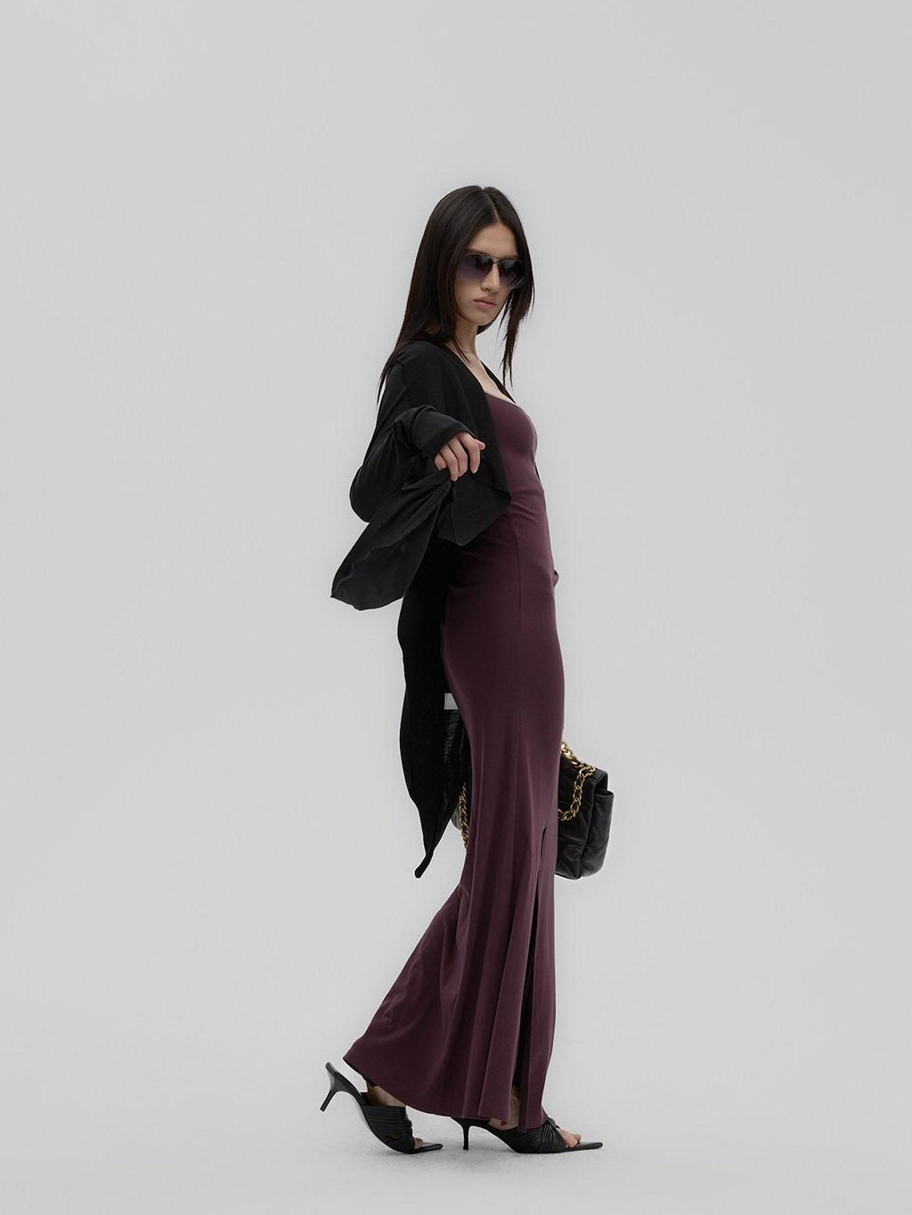 Fanptntox Purple Structured U Neck Fishtail Women's Cotton Bodycon Maxi Dresses