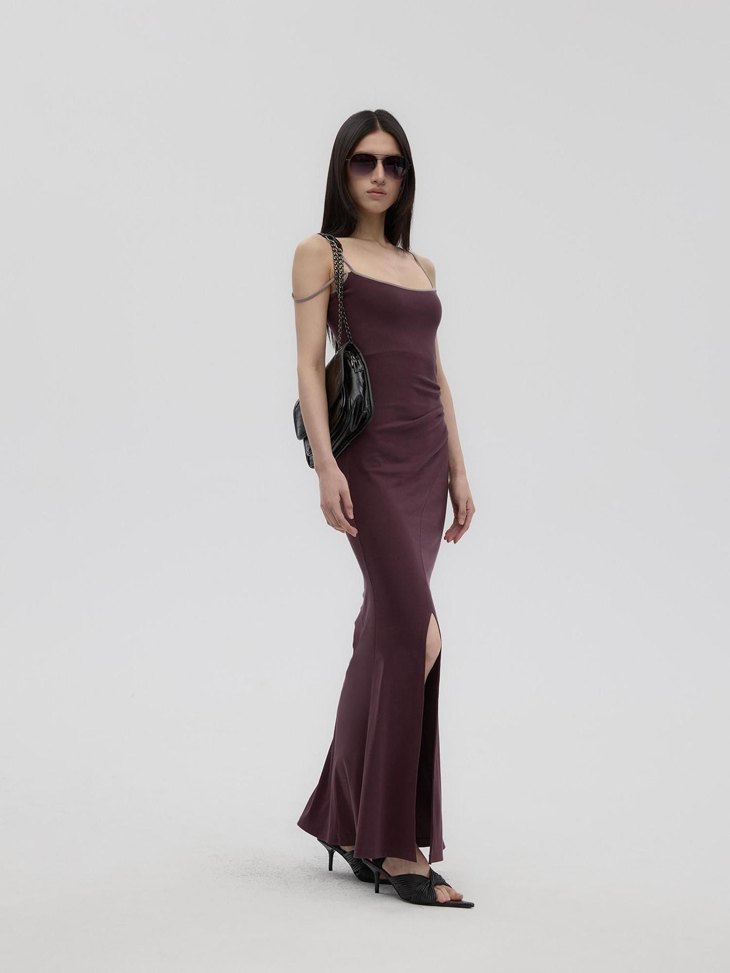 Fanptntox Purple Structured U Neck Fishtail Women's Cotton Bodycon Maxi Dresses