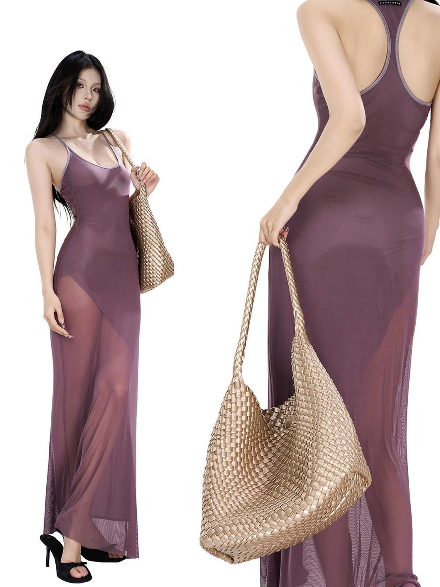 Fanptntox Purple U Neck Mesh Panel Spaghetti Strap High Waist Women's Bodycon Maxi Dresses