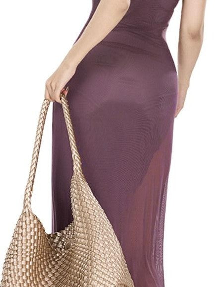 Fanptntox Purple U Neck Mesh Panel Spaghetti Strap High Waist Women's Bodycon Maxi Dresses