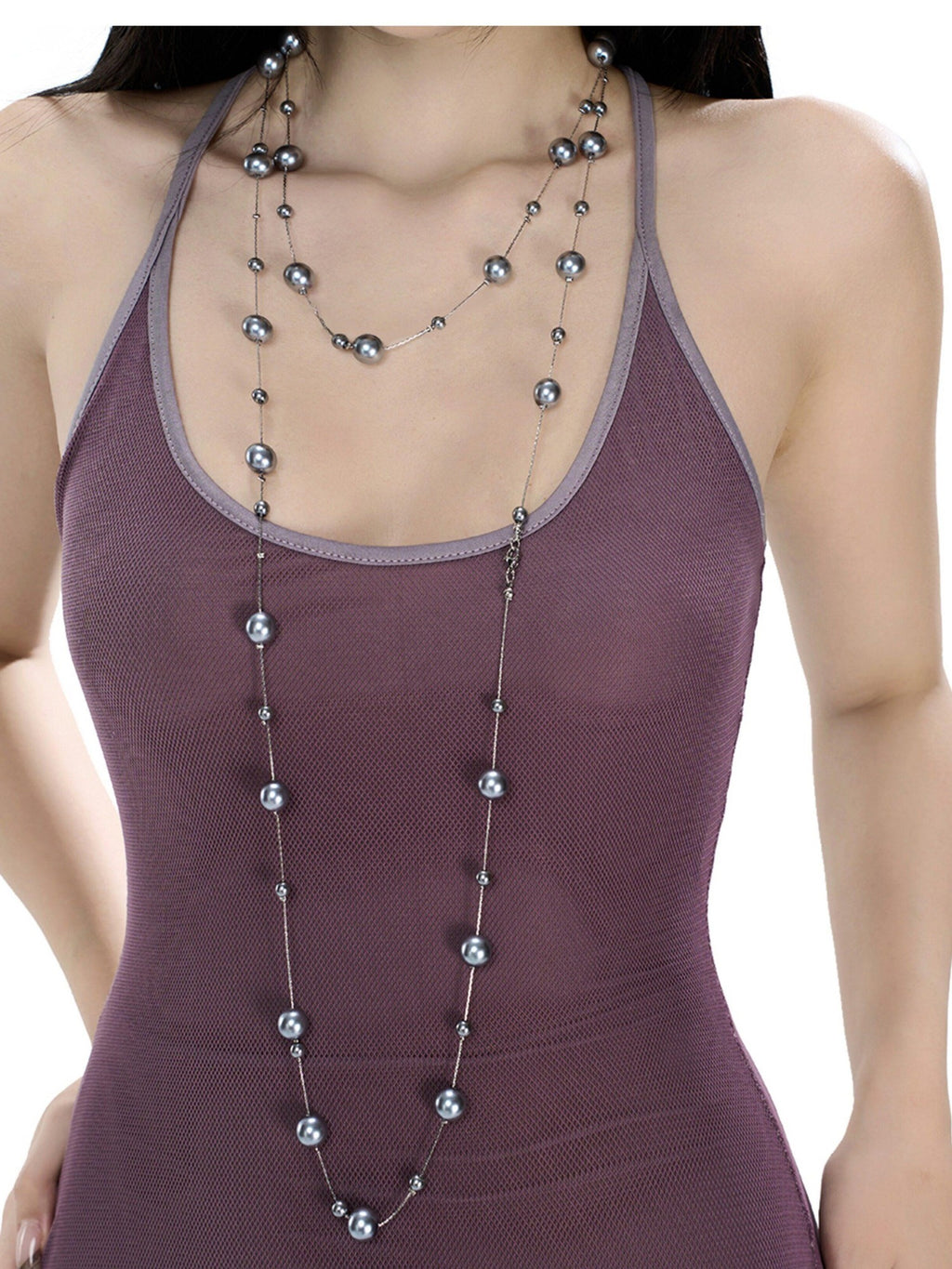 Fanptntox Purple U Neck Mesh Panel Spaghetti Strap High Waist Women's Bodycon Maxi Dresses