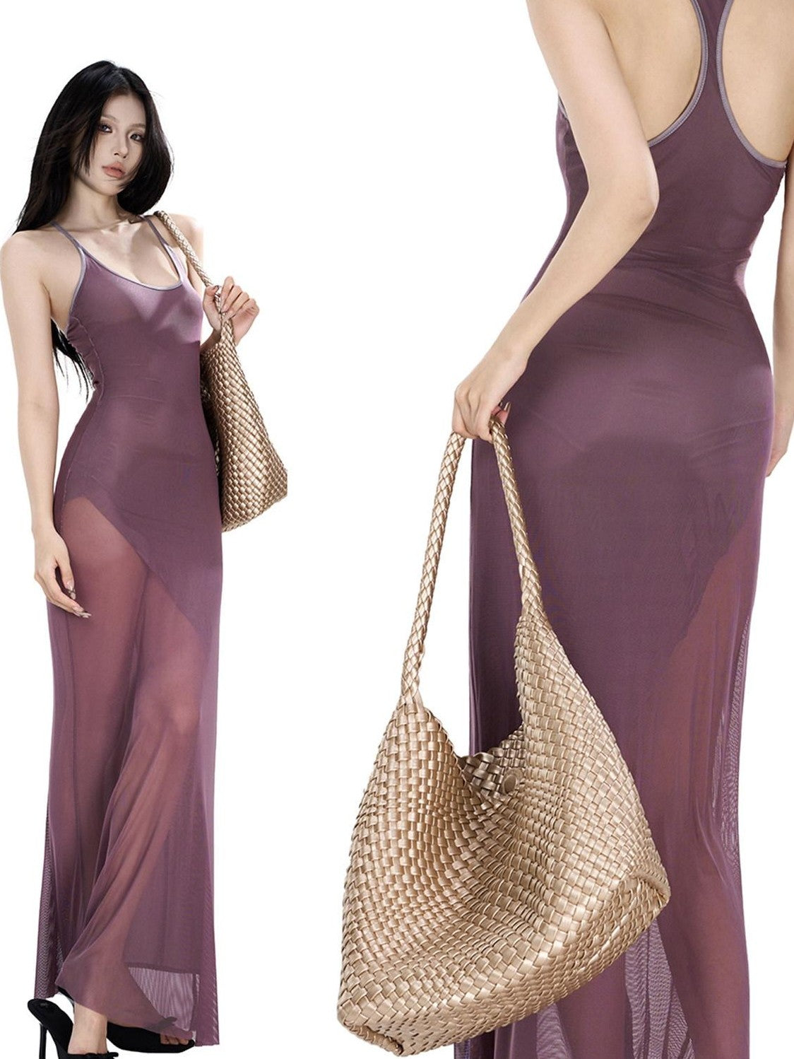 Fanptntox Purple U Neck Mesh Panel Spaghetti Strap High Waist Women's Bodycon Maxi Dresses
