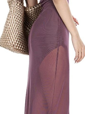 Fanptntox Purple U Neck Mesh Panel Spaghetti Strap High Waist Women's Bodycon Maxi Dresses
