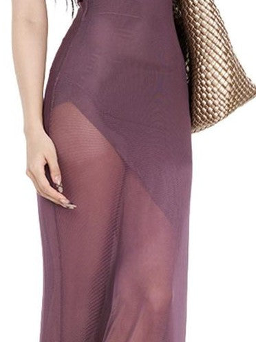 Fanptntox Purple U Neck Mesh Panel Spaghetti Strap High Waist Women's Bodycon Maxi Dresses