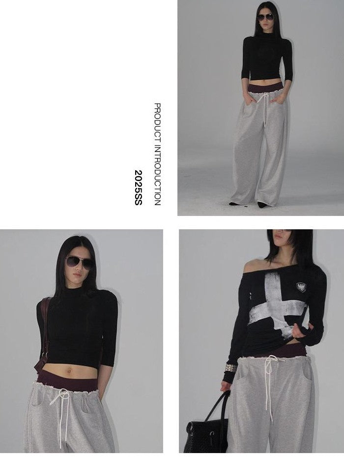 Fanptntox Raw Hem Low Waist Wide Leg Cotton Women's Sweatpants