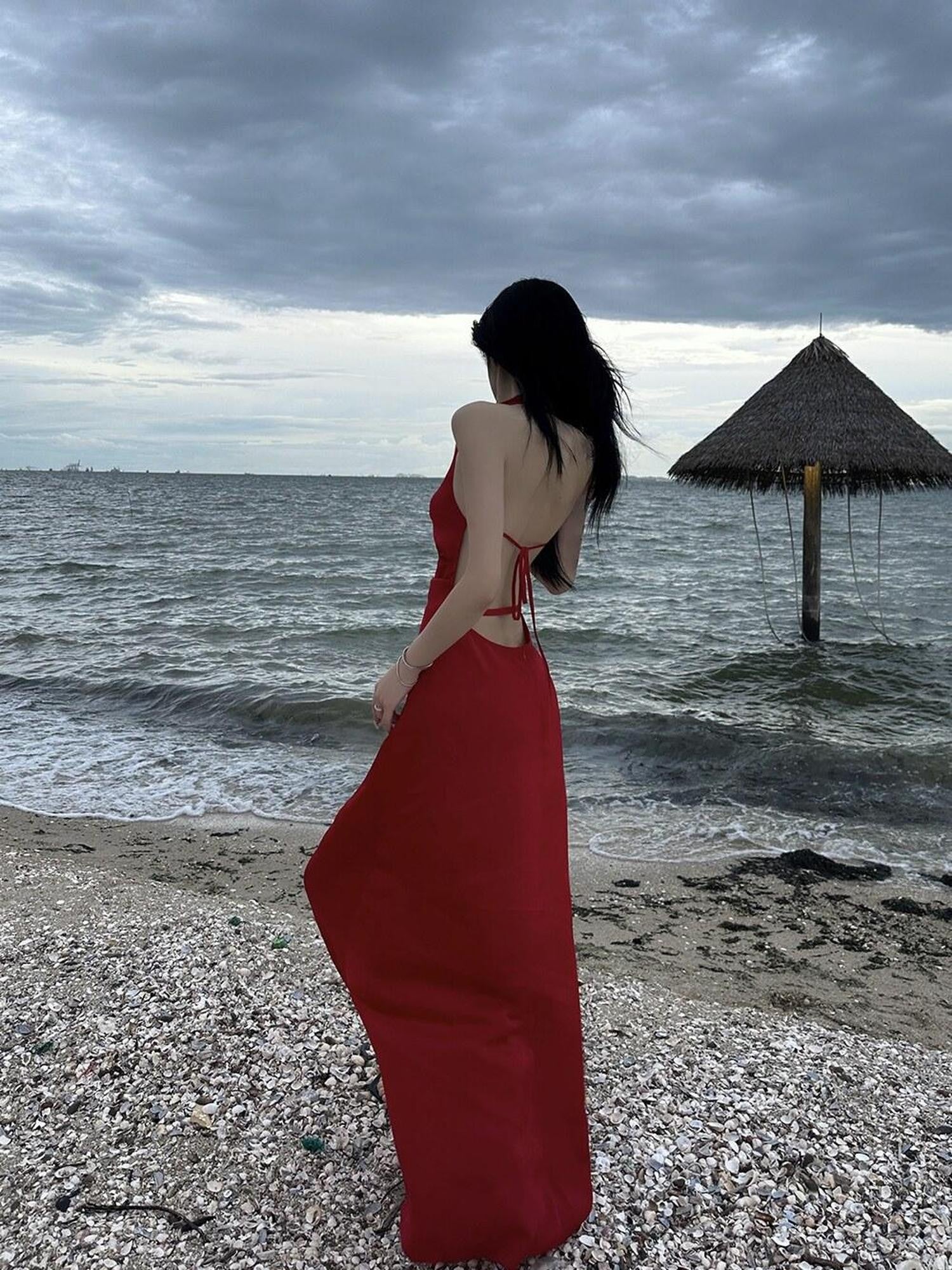 Fanptntox Red Backless Halter V-neck High Waist Women's Polyester Beach Maxi Dresses