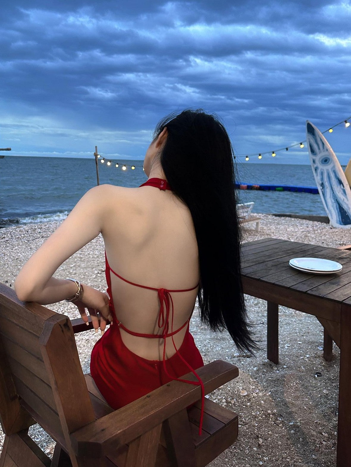 Fanptntox Red Backless Halter V-neck High Waist Women's Polyester Beach Maxi Dresses