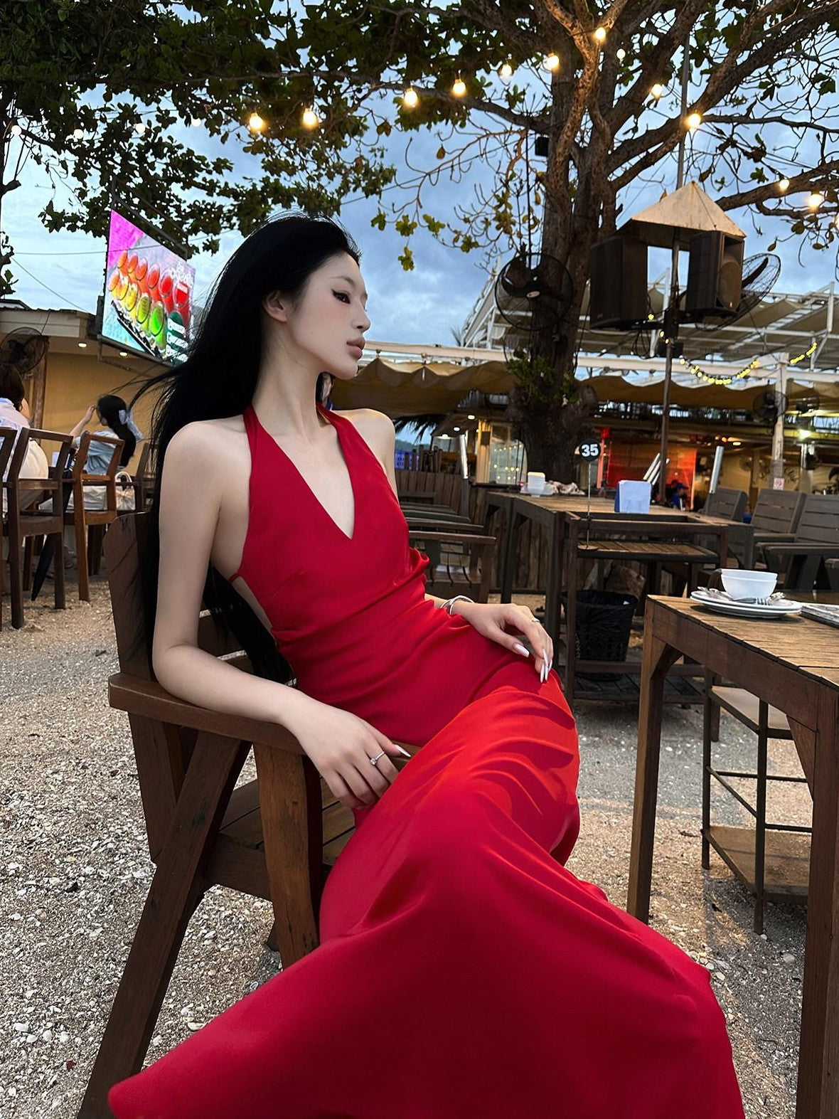Fanptntox Red Backless Halter V-neck High Waist Women's Polyester Beach Maxi Dresses