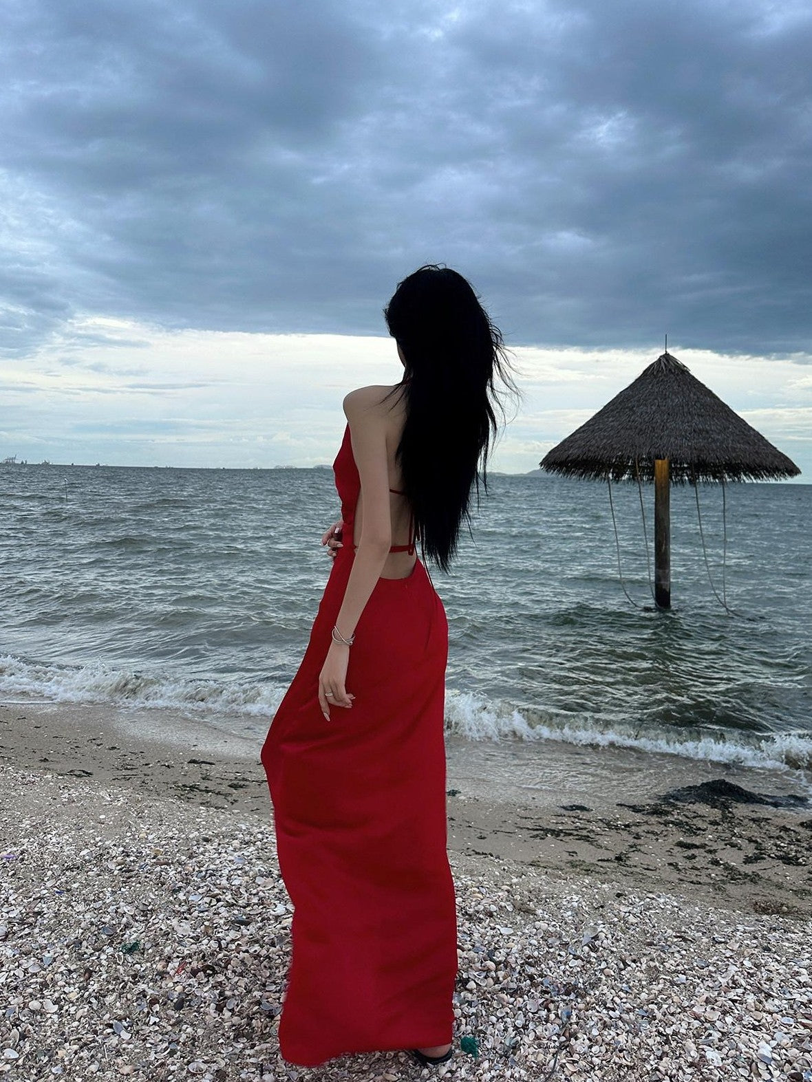 Fanptntox Red Backless Halter V-neck High Waist Women's Polyester Beach Maxi Dresses