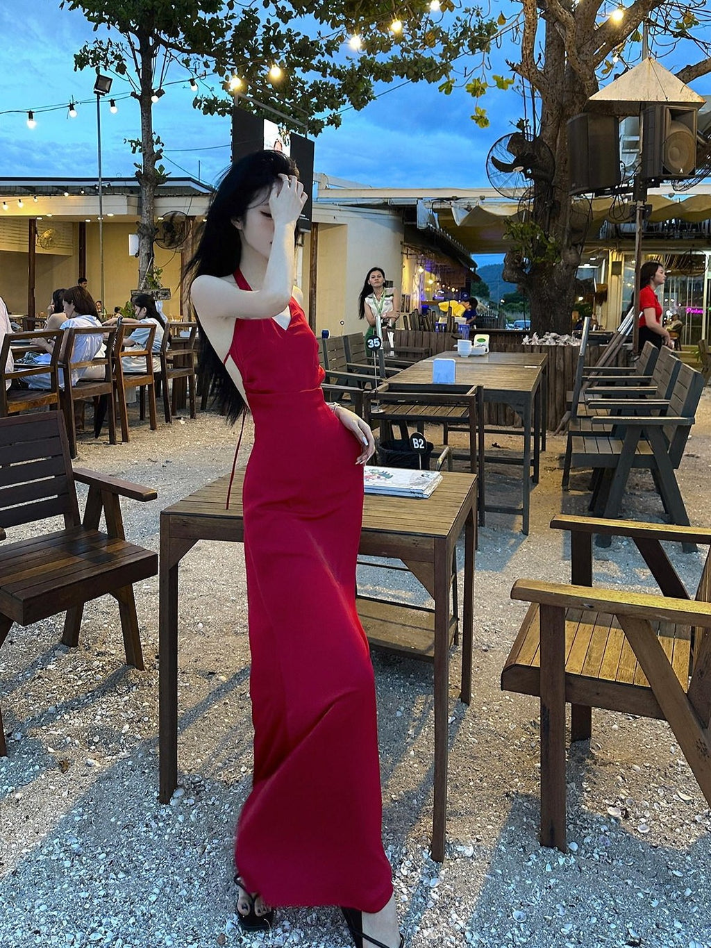 Fanptntox Red Backless Halter V-neck High Waist Women's Polyester Beach Maxi Dresses