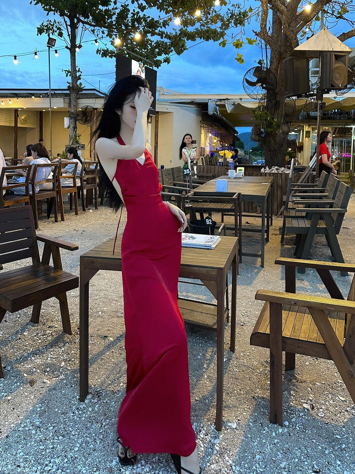 Fanptntox Red Backless Halter V-neck High Waist Women's Polyester Beach Maxi Dresses