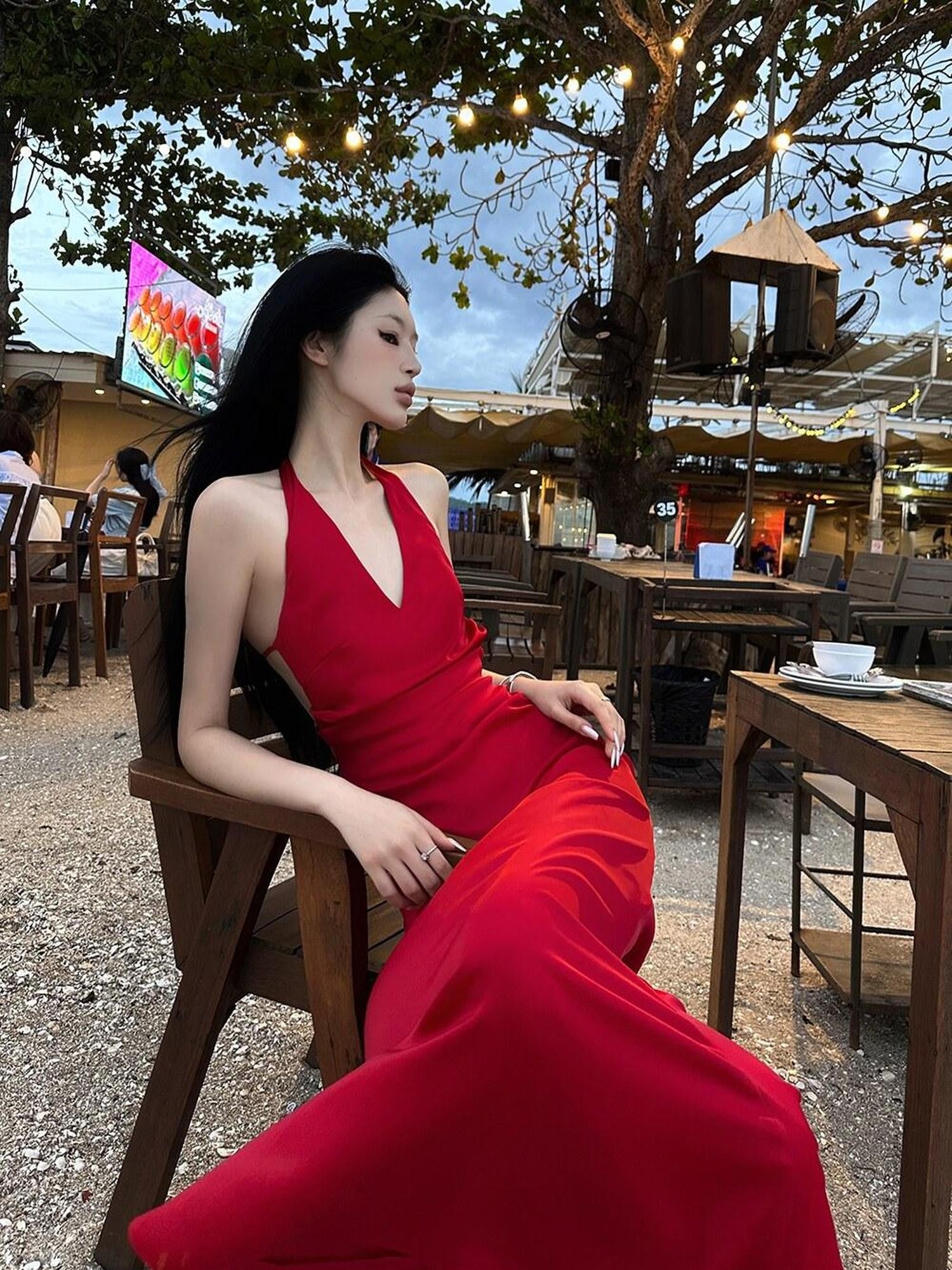Fanptntox Red Backless Halter V-neck High Waist Women's Polyester Beach Maxi Dresses