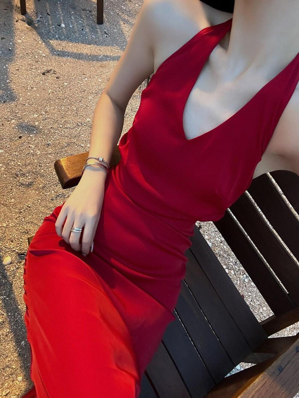 Fanptntox Red Backless Halter V-neck High Waist Women's Polyester Beach Maxi Dresses