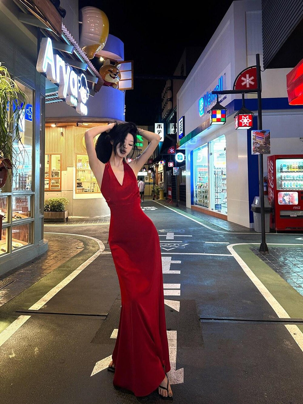 Fanptntox Red Backless Halter V-neck High Waist Women's Polyester Beach Maxi Dresses
