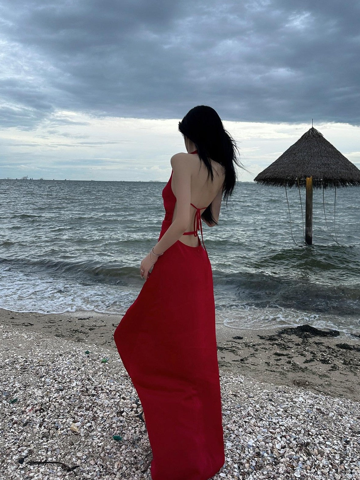 Fanptntox Red Backless Halter V-neck High Waist Women's Polyester Beach Maxi Dresses