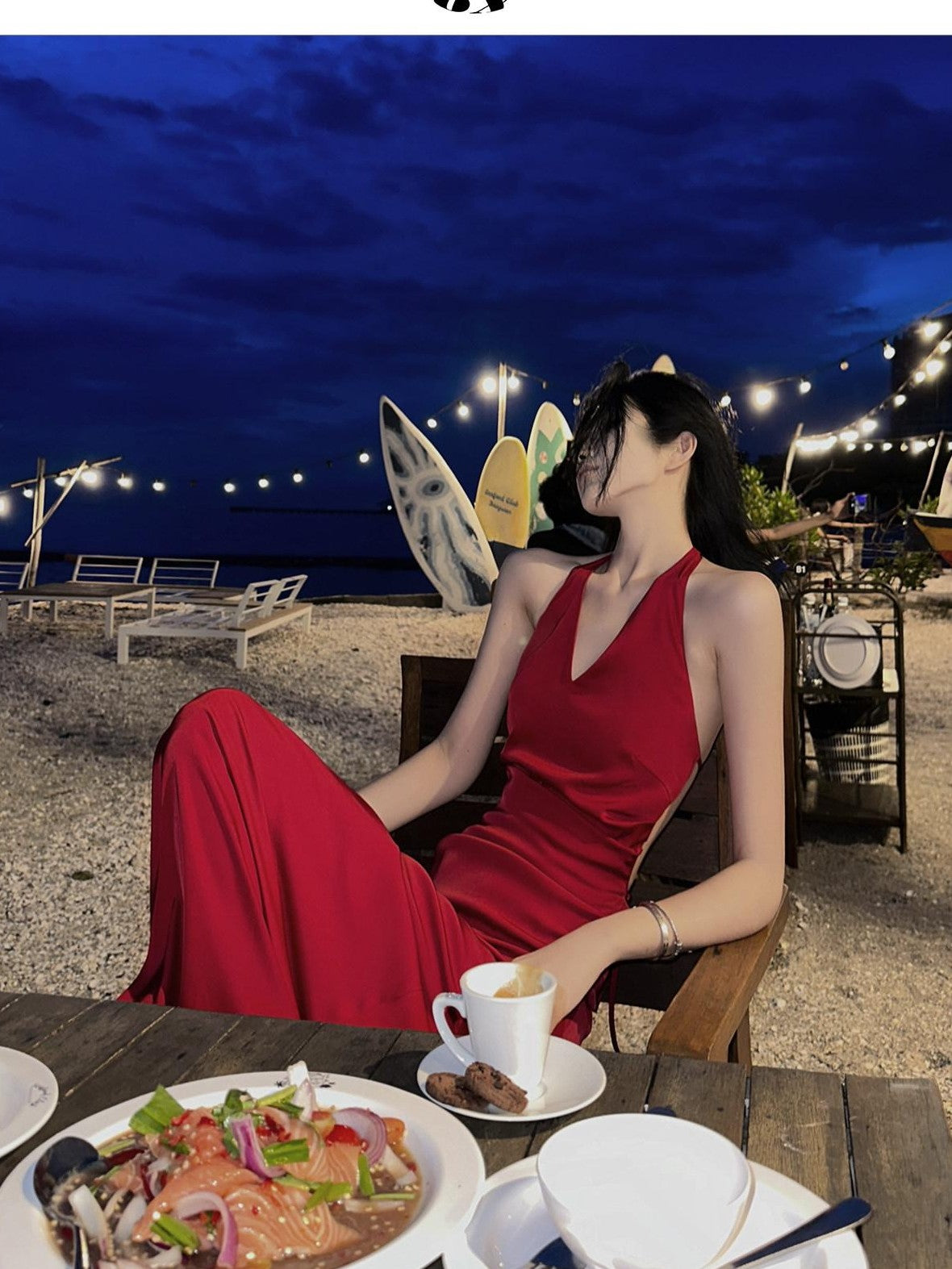 Fanptntox Red Backless Halter V-neck High Waist Women's Polyester Beach Maxi Dresses