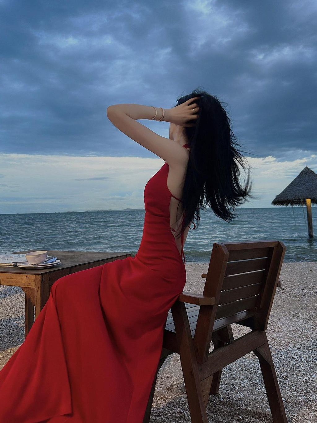 Fanptntox Red Backless Halter V-neck High Waist Women's Polyester Beach Maxi Dresses