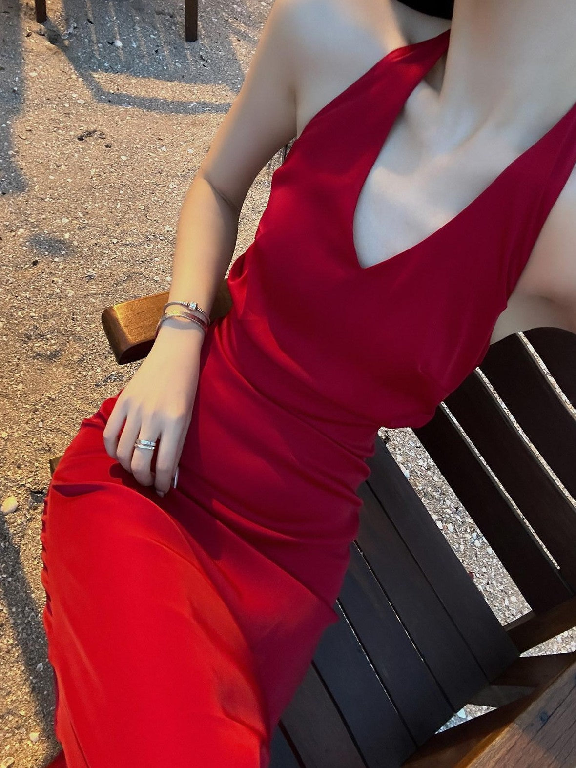 Fanptntox Red Backless Halter V-neck High Waist Women's Polyester Beach Maxi Dresses