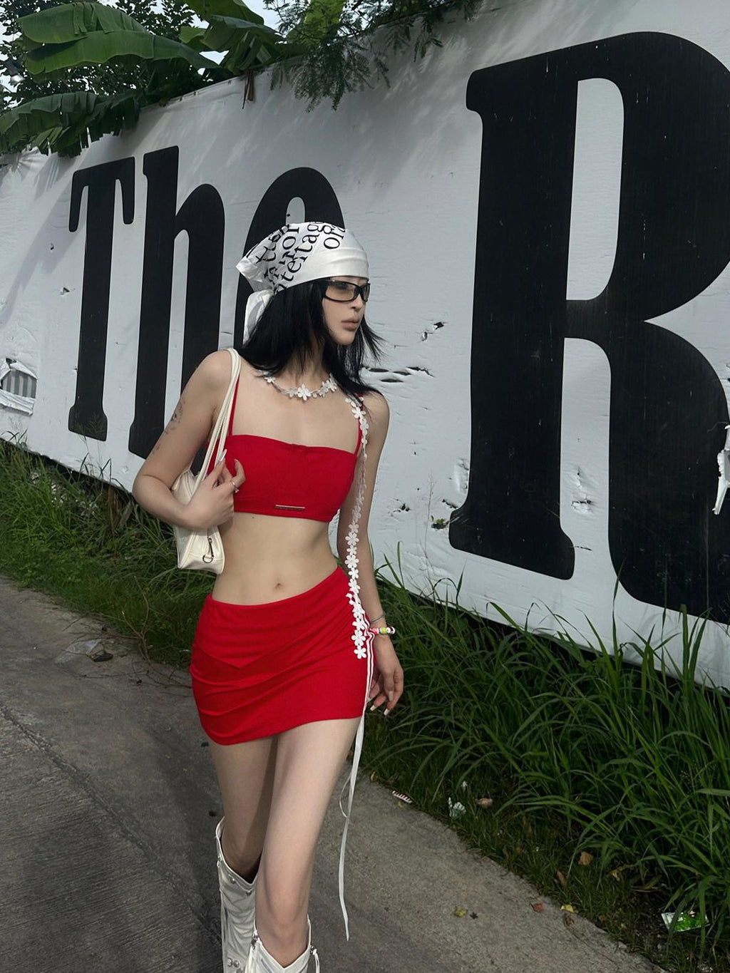Fanptntox Red Cropped Strappy Camisole Webbing Detail Women's Matching Skirt Sets