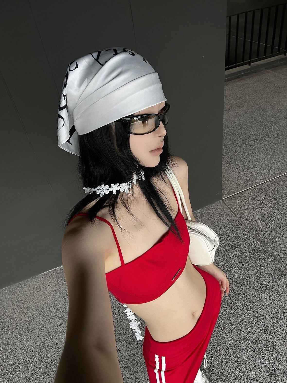 Fanptntox Red Cropped Strappy Camisole Webbing Detail Women's Matching Skirt Sets