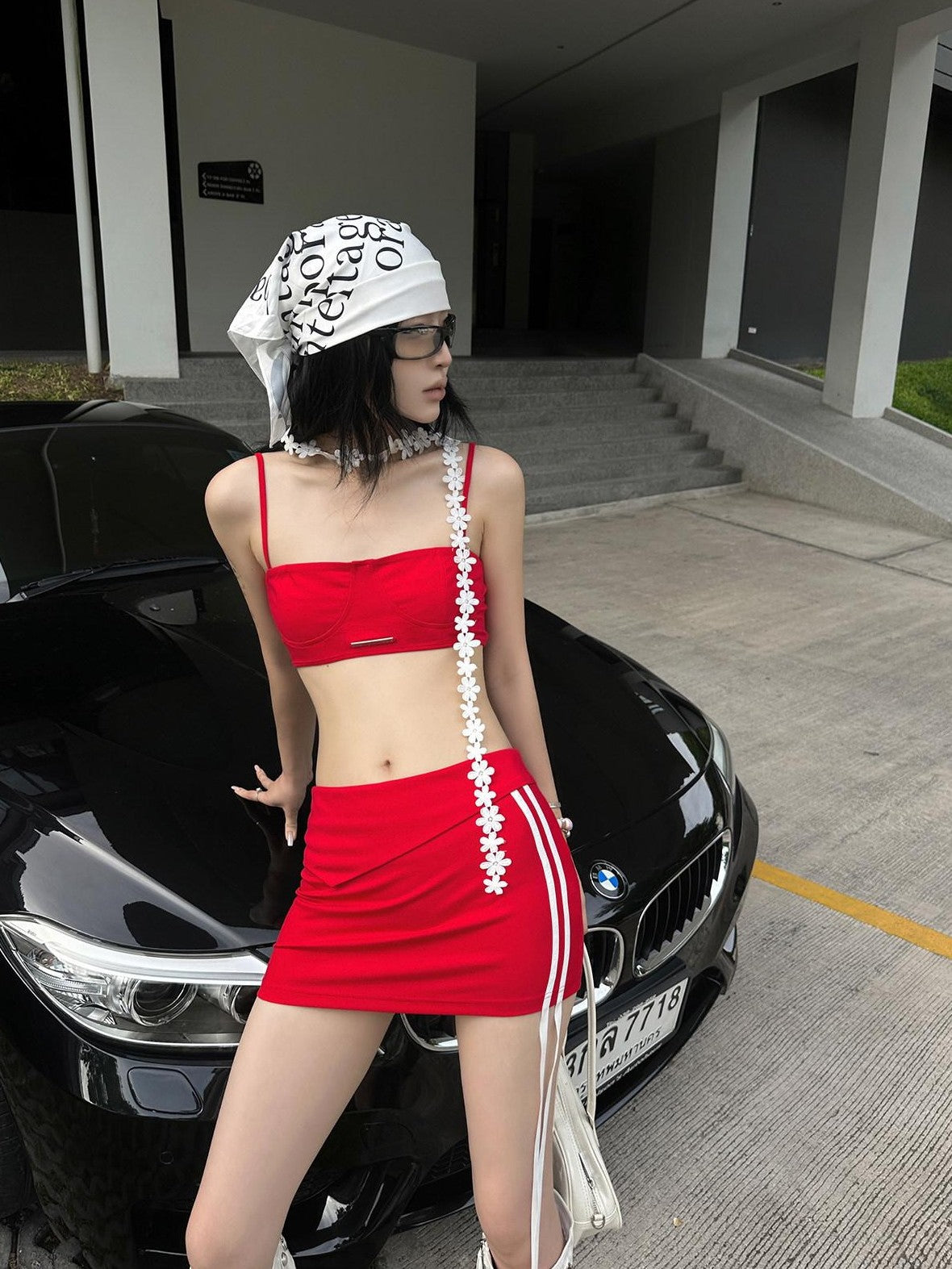 Fanptntox Red Cropped Strappy Camisole Webbing Detail Women's Matching Skirt Sets