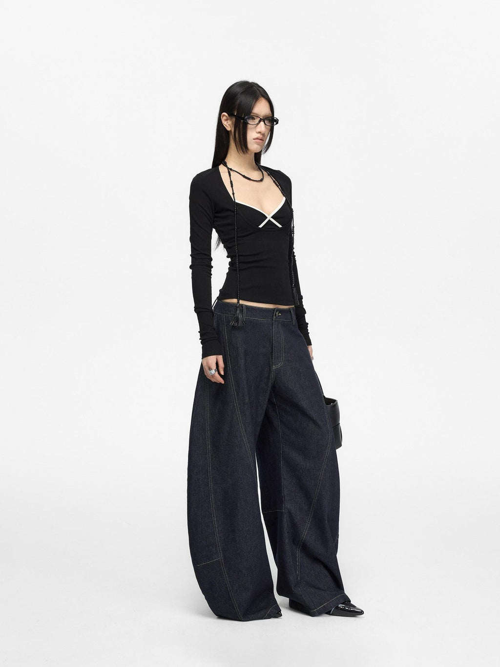 Fanptntox Retro Distressed Contrast Stitch Curved Women's Cotton Denim Wide-leg Jeans