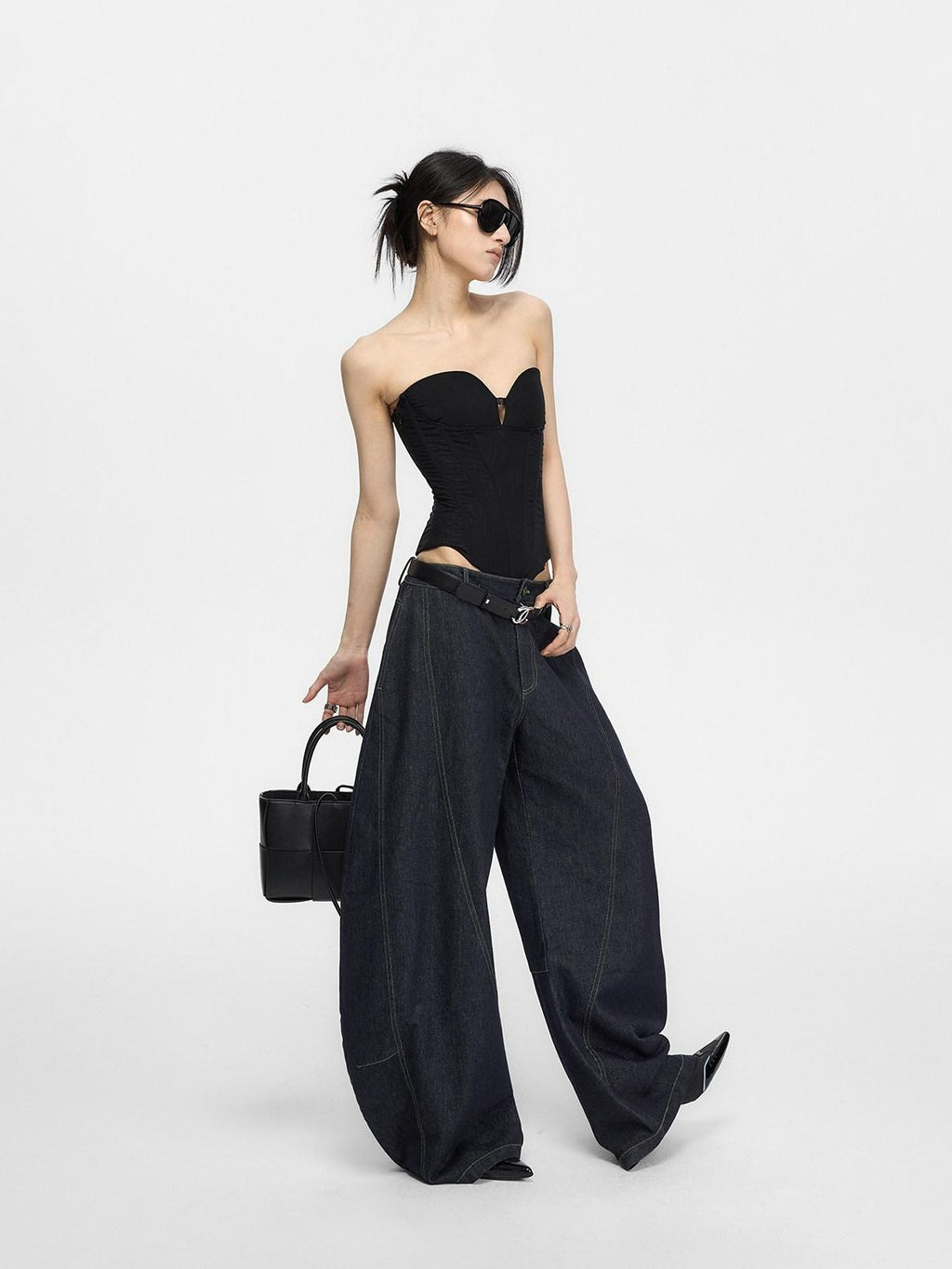 Fanptntox Retro Distressed Contrast Stitch Curved Women's Cotton Denim Wide-leg Jeans