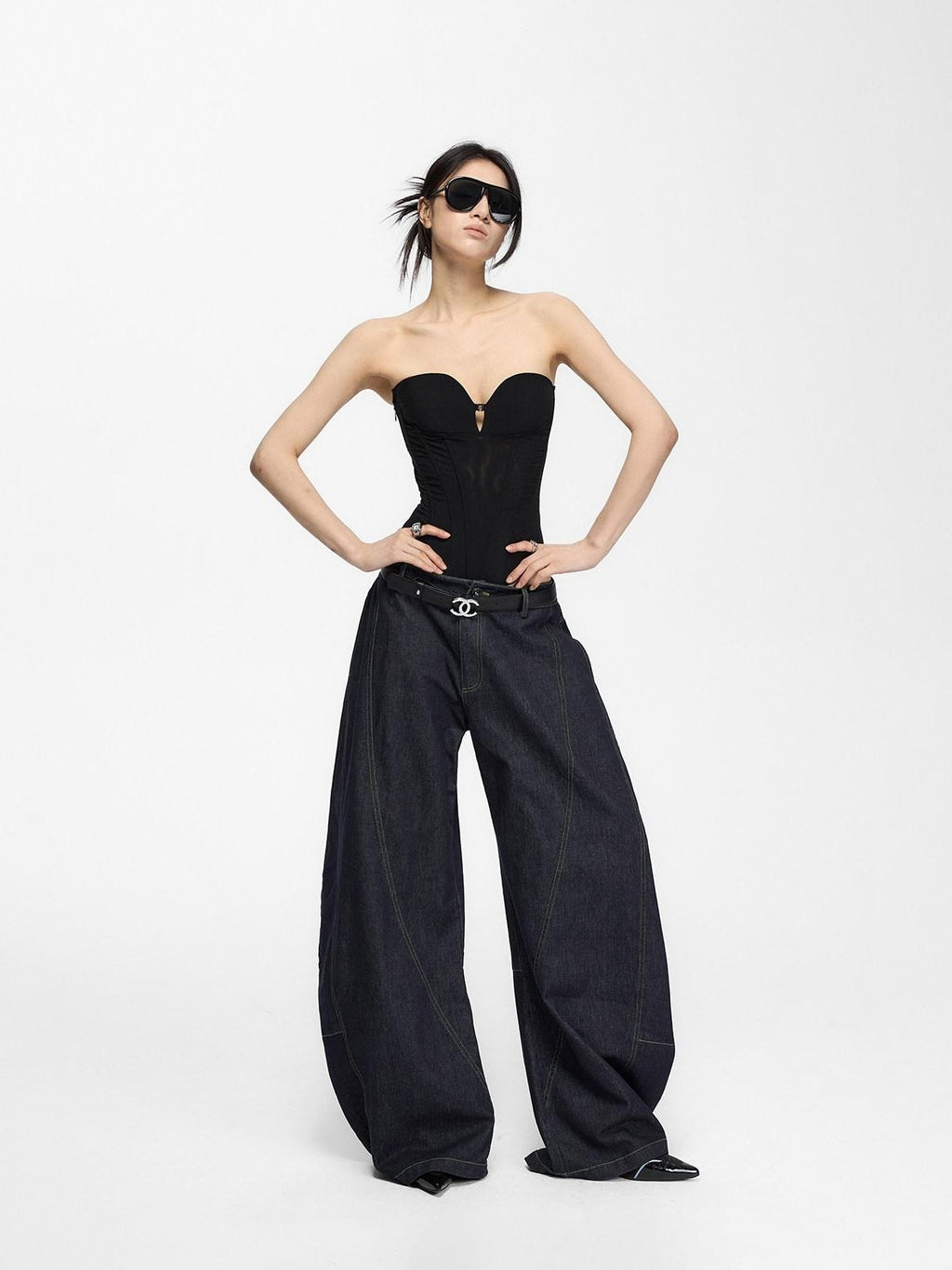 Fanptntox Retro Distressed Contrast Stitch Curved Women's Cotton Denim Wide-leg Jeans