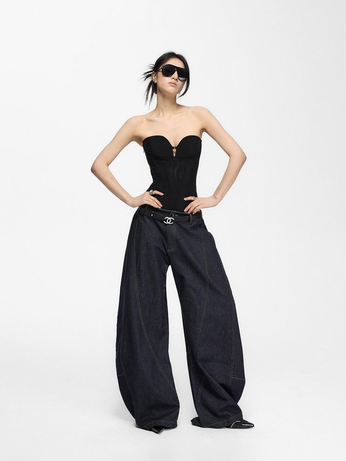 Fanptntox Retro Distressed Contrast Stitch Curved Women's Cotton Denim Wide-leg Jeans