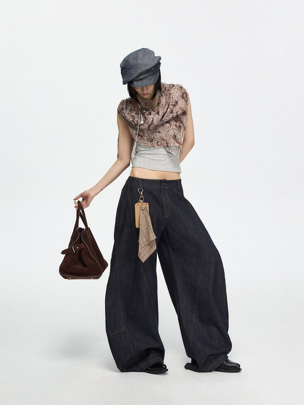 Fanptntox Retro Distressed Contrast Stitch Curved Women's Cotton Denim Wide-leg Jeans