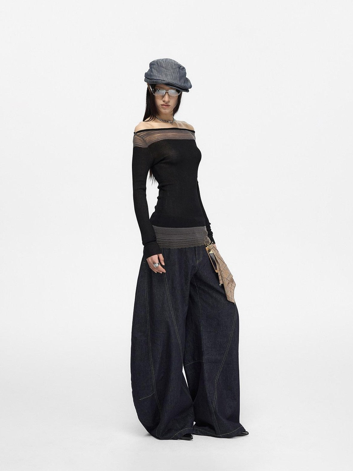 Fanptntox Retro Distressed Contrast Stitch Curved Women's Cotton Denim Wide-leg Jeans