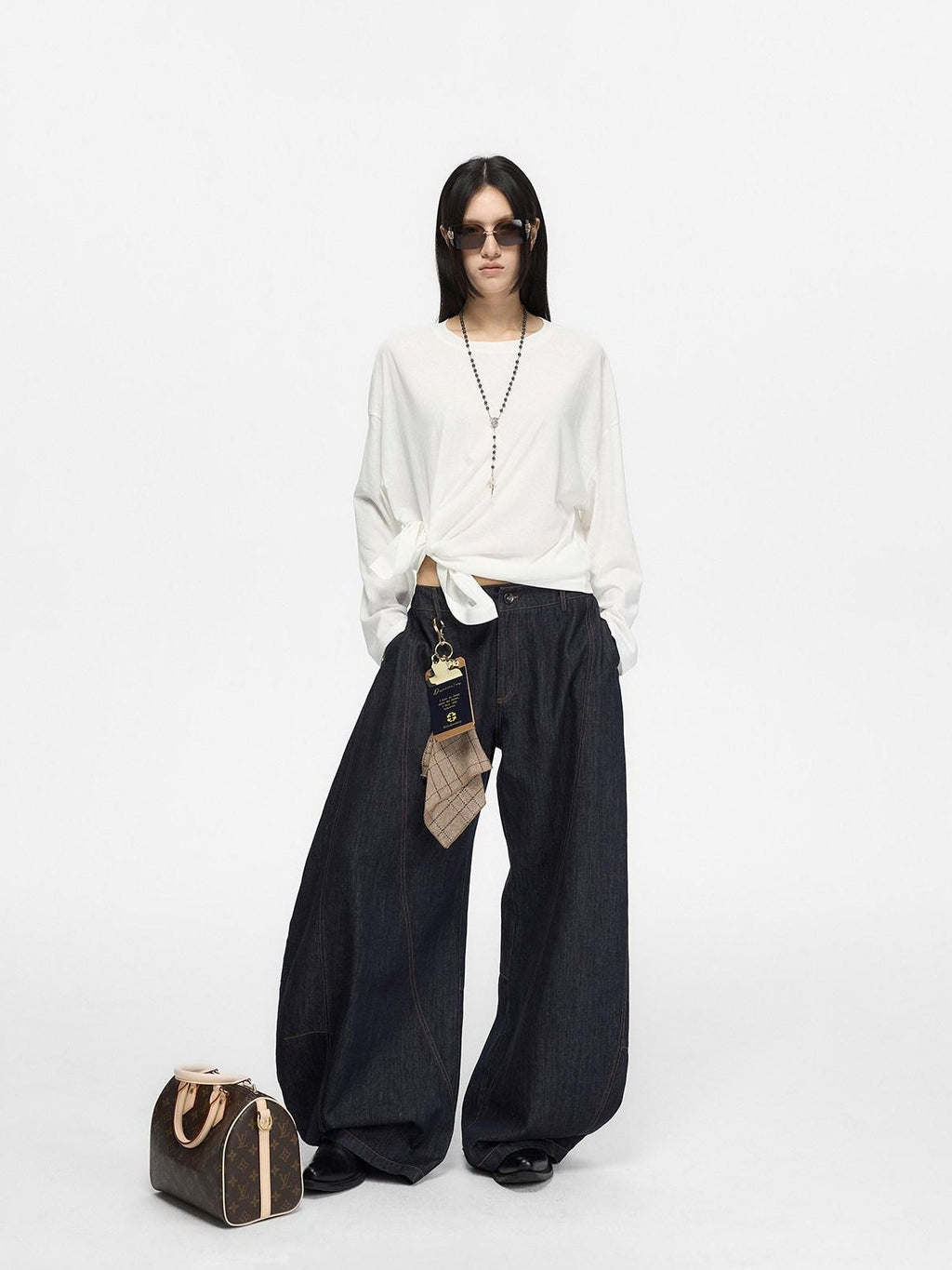 Fanptntox Retro Distressed Contrast Stitch Curved Women's Cotton Denim Wide-leg Jeans