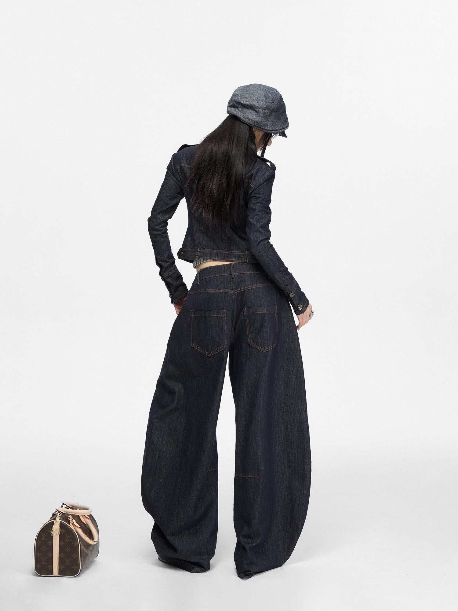 Fanptntox Retro Distressed Contrast Stitch Curved Women's Cotton Denim Wide-leg Jeans