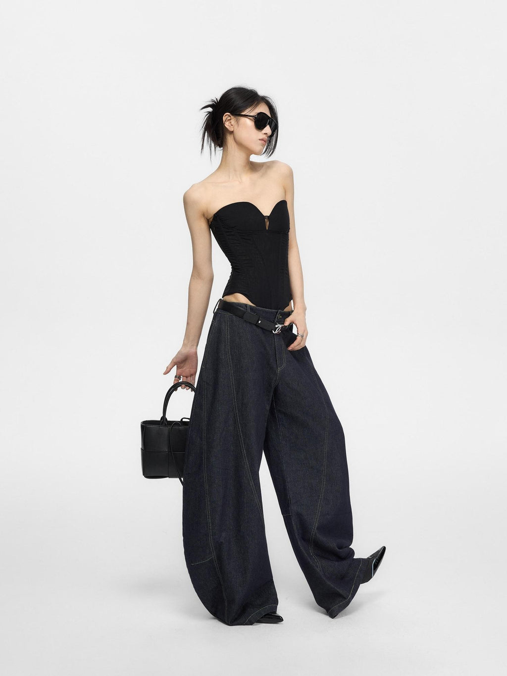 Fanptntox Retro Distressed Contrast Stitch Curved Women's Cotton Denim Wide-leg Jeans