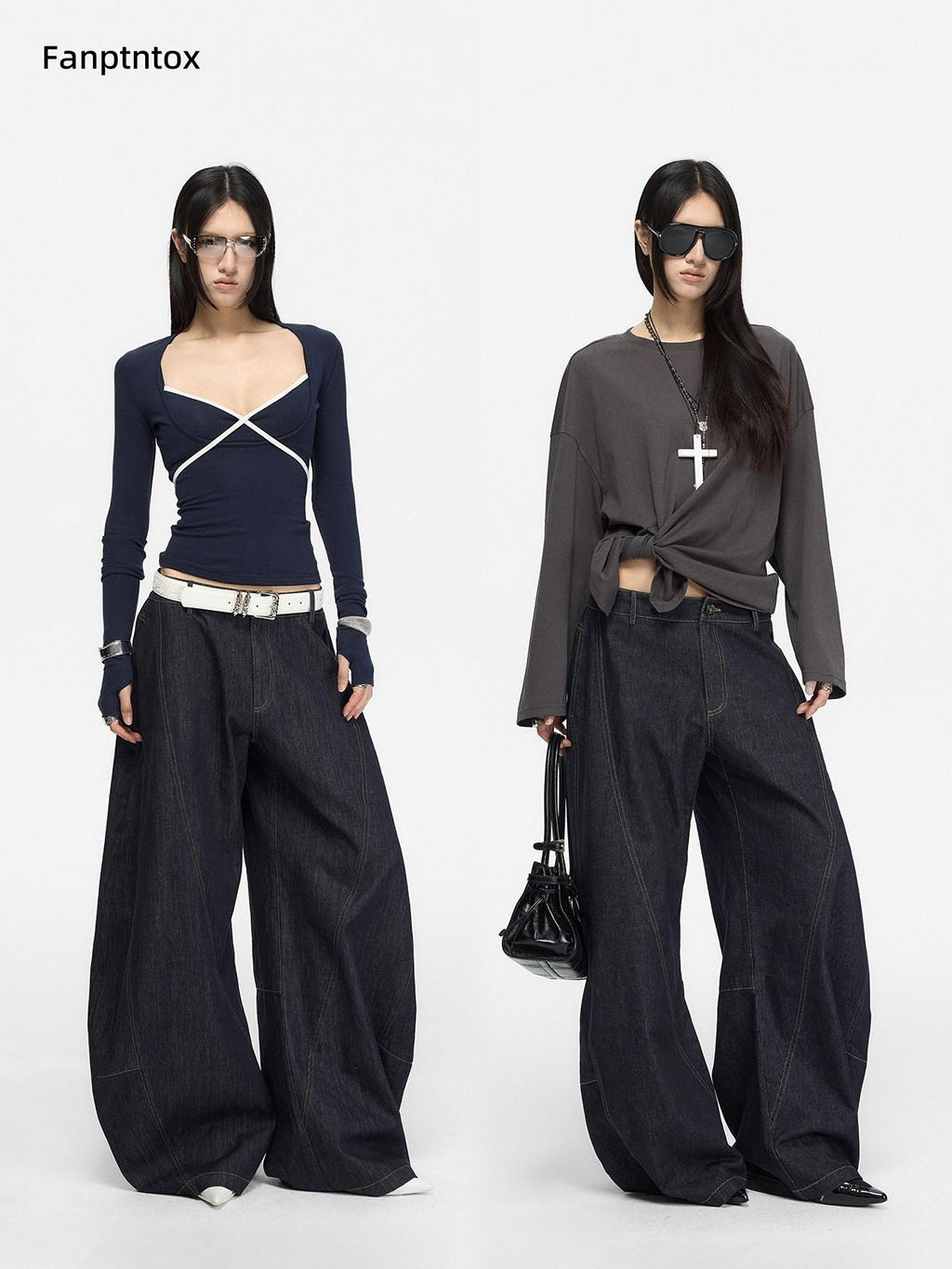 Fanptntox Retro Distressed Contrast Stitch Curved Women's Cotton Denim Wide-leg Jeans