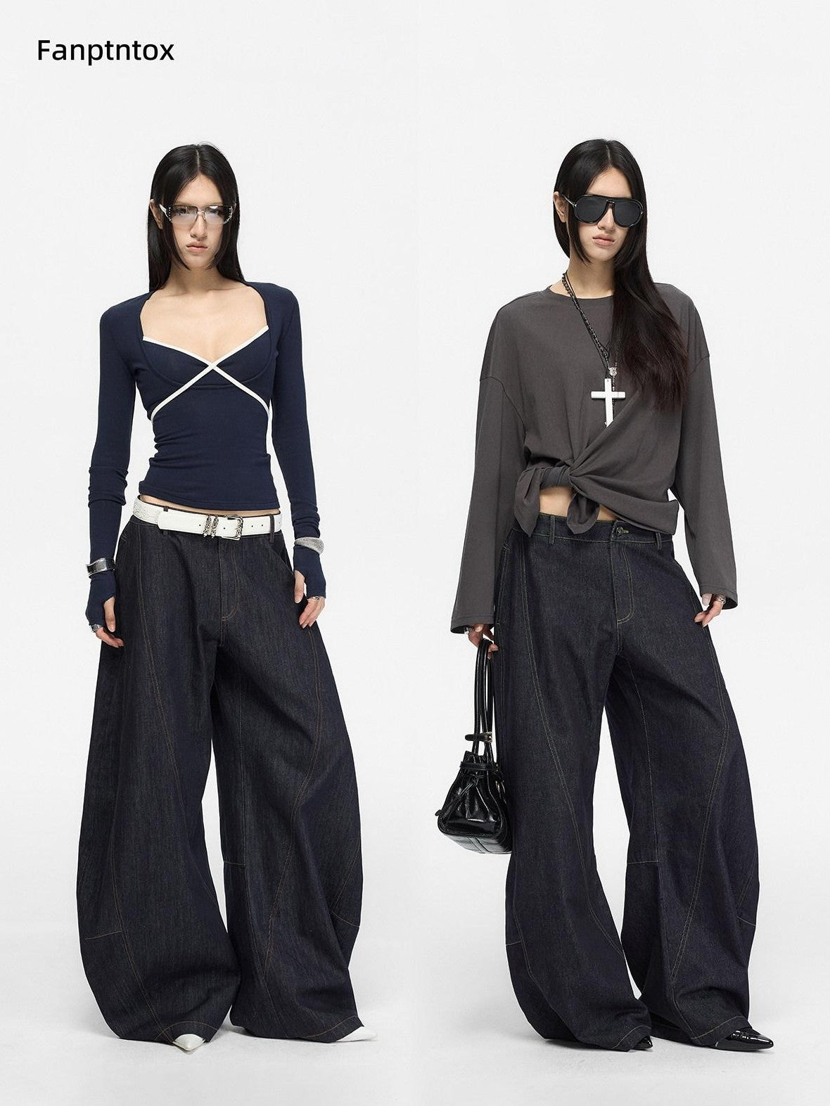 Fanptntox Retro Distressed Contrast Stitch Curved Women's Cotton Denim Wide-leg Jeans