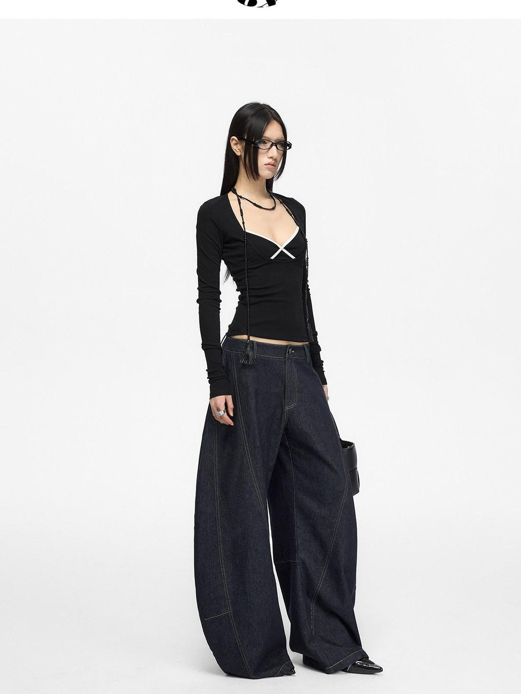 Fanptntox Retro Distressed Contrast Stitch Curved Women's Cotton Denim Wide-leg Jeans