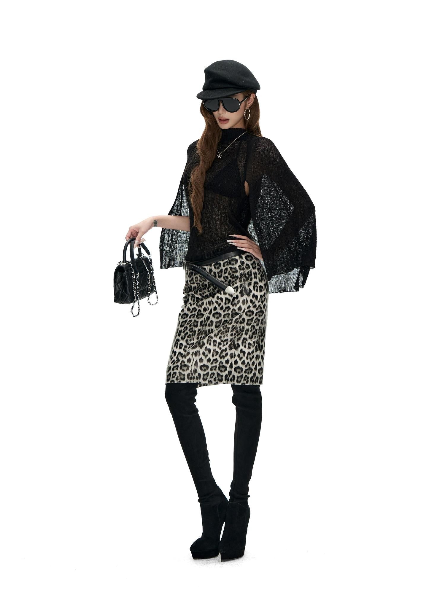 Fanptntox Retro Leopard Print Fitted Mid Waist Pencil Women's Pu Midi Skirts