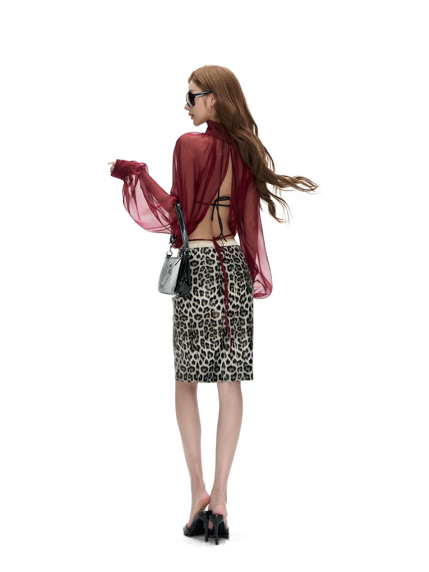 Fanptntox Retro Leopard Print Fitted Mid Waist Pencil Women's Pu Midi Skirts