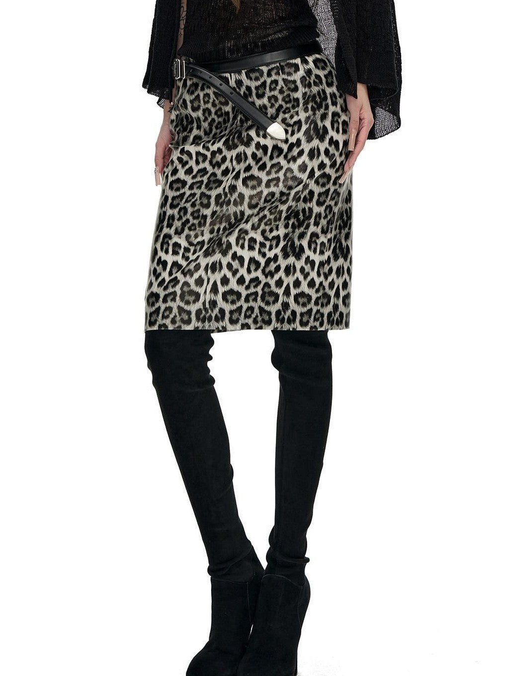Fanptntox Retro Leopard Print Fitted Mid Waist Pencil Women's Pu Midi Skirts