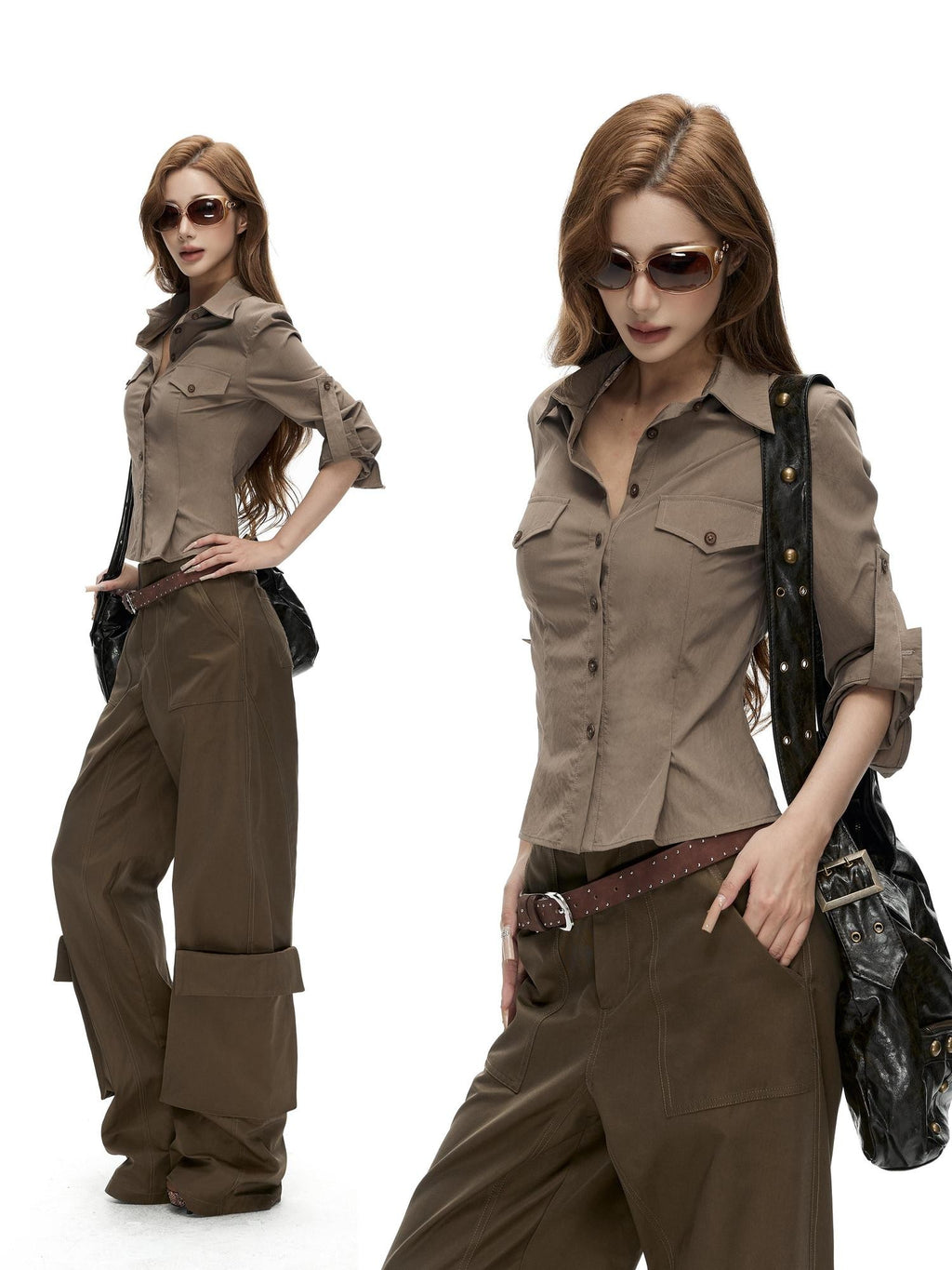 Fanptntox Retro Slim Fit Waist Cinched Long Sleeve Collared Pocket Women's Blouses