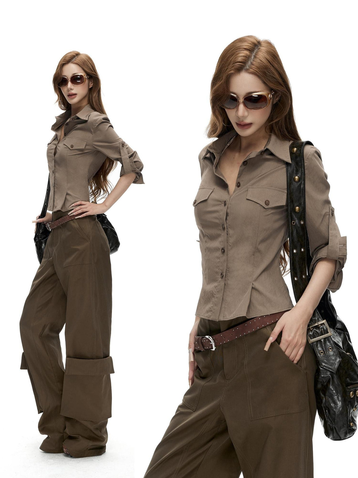 Fanptntox Retro Slim Fit Waist Cinched Long Sleeve Collared Pocket Women's Blouses