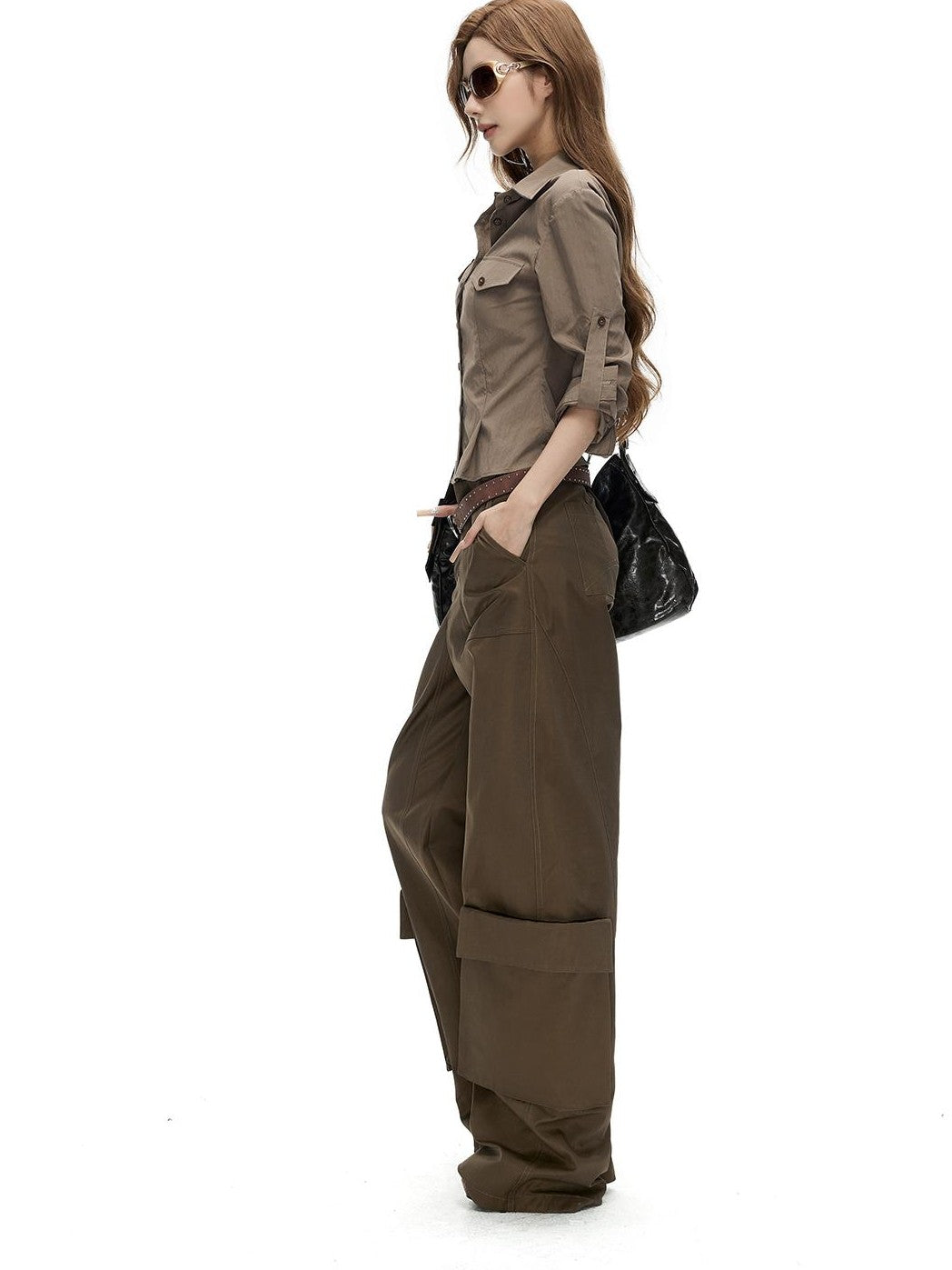 Fanptntox Retro Slim Fit Waist Cinched Long Sleeve Collared Pocket Women's Blouses