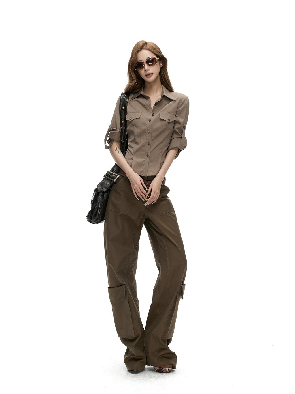 Fanptntox Retro Slim Fit Waist Cinched Long Sleeve Collared Pocket Women's Blouses